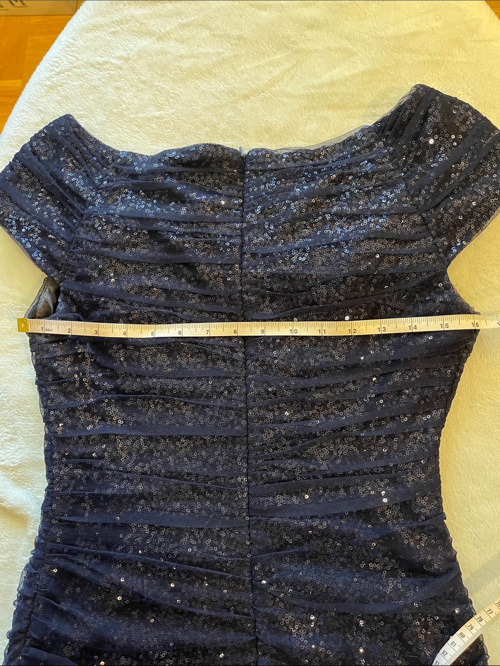 Ralph Lauren Sequin Dress w/ ruched tulle overlay. Cape sleeves. Navy blue. 6-8 - Picture 13 of 16